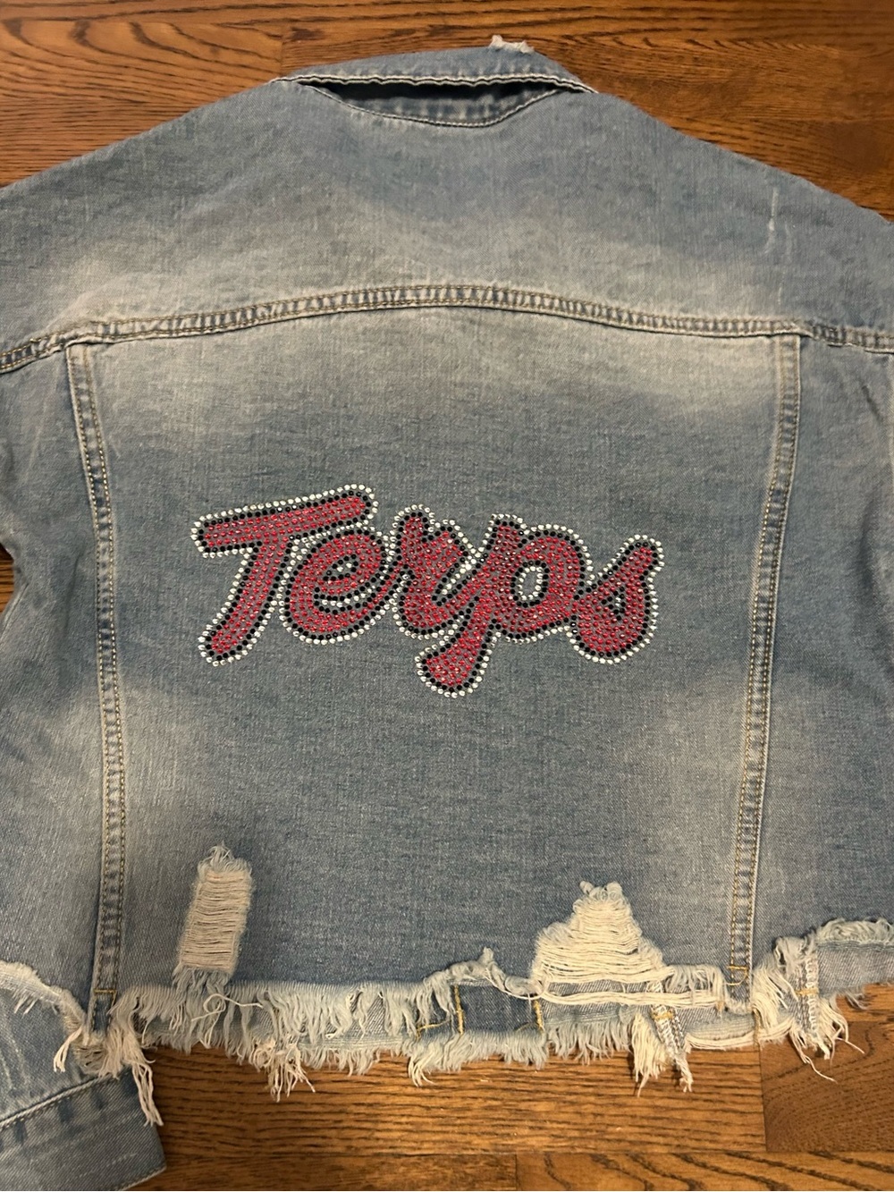 Custom 'Terps' Rhinestone Distressed Denim Jacket - Light Blue by xoxoE